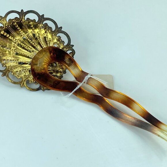 Art Deco French Filigree Brooch Aurora Borealis Rhinestones hair comb  GS586
